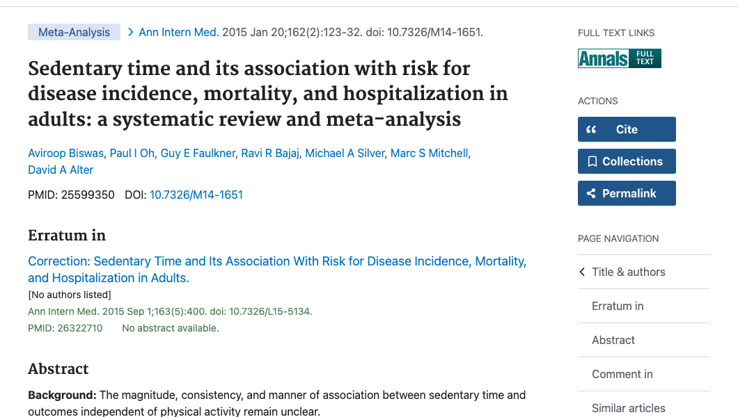 Title and abstract of Sedentary Time and Its Association With Risk for Disease Incidence, Mortality, and Hospitalization in Adults
