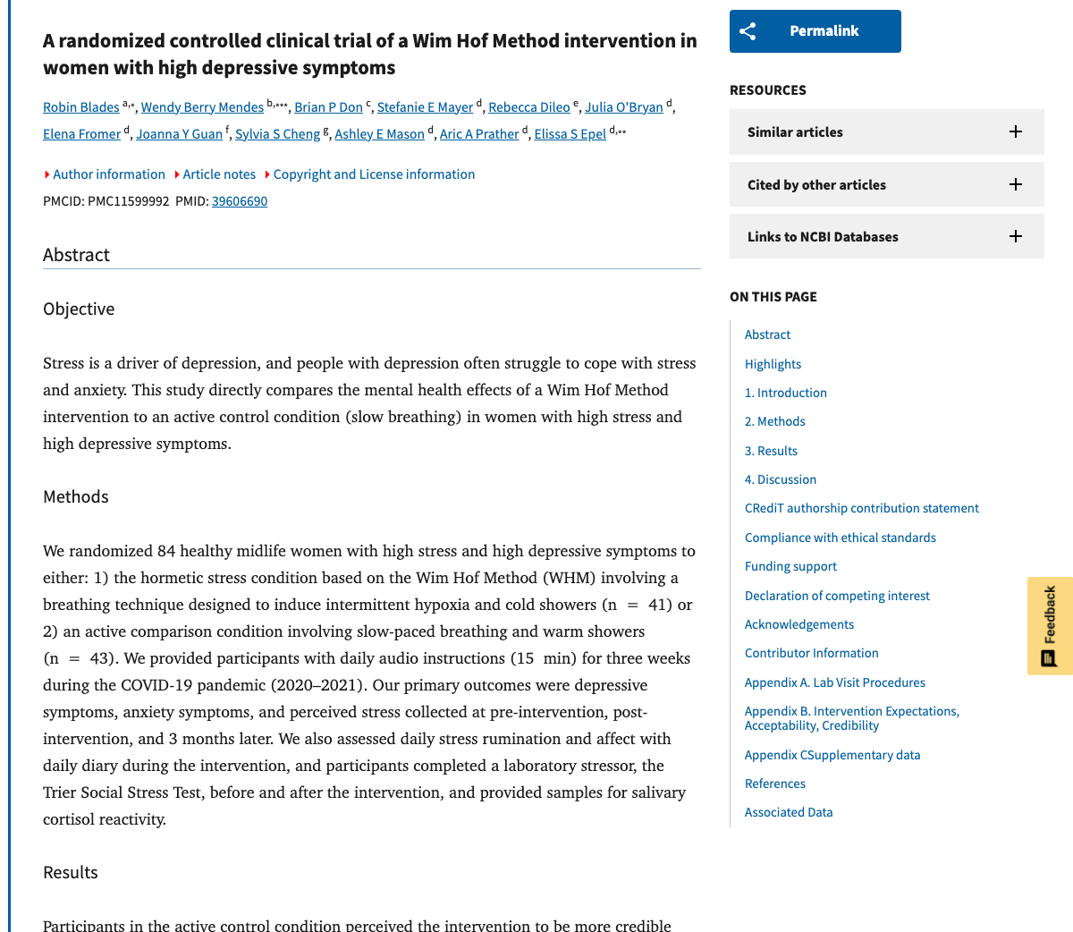 Title and abstract of A randomized controlled clinical trial of a Wim Hof Method intervention in women with high depressive symptoms.