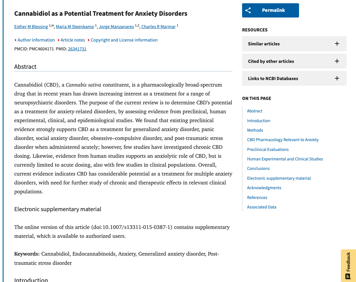 Title and abstract of Cannabidiol as a Potential Treatment for Anxiety Disorders