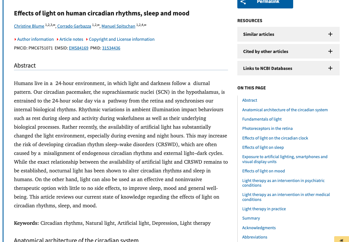Title and abstract of Effects of light on human circadian rhythms, sleep and mood.