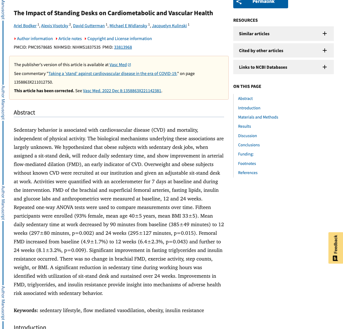 Title and abstract of The impact of standing desks on cardiometabolic and vascular health.