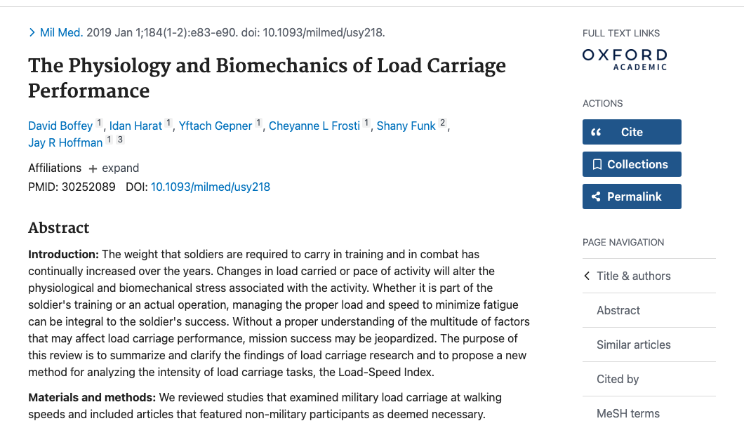 Title and abstract of The Physiology and Biomechanics of Load Carriage Performance.