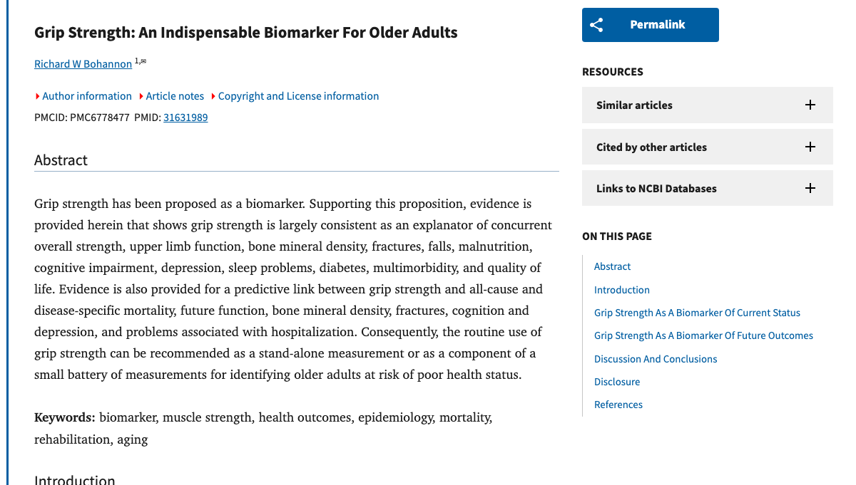 Title and abstract of Grip Strength: An Indispensable Biomarker For Older Adults