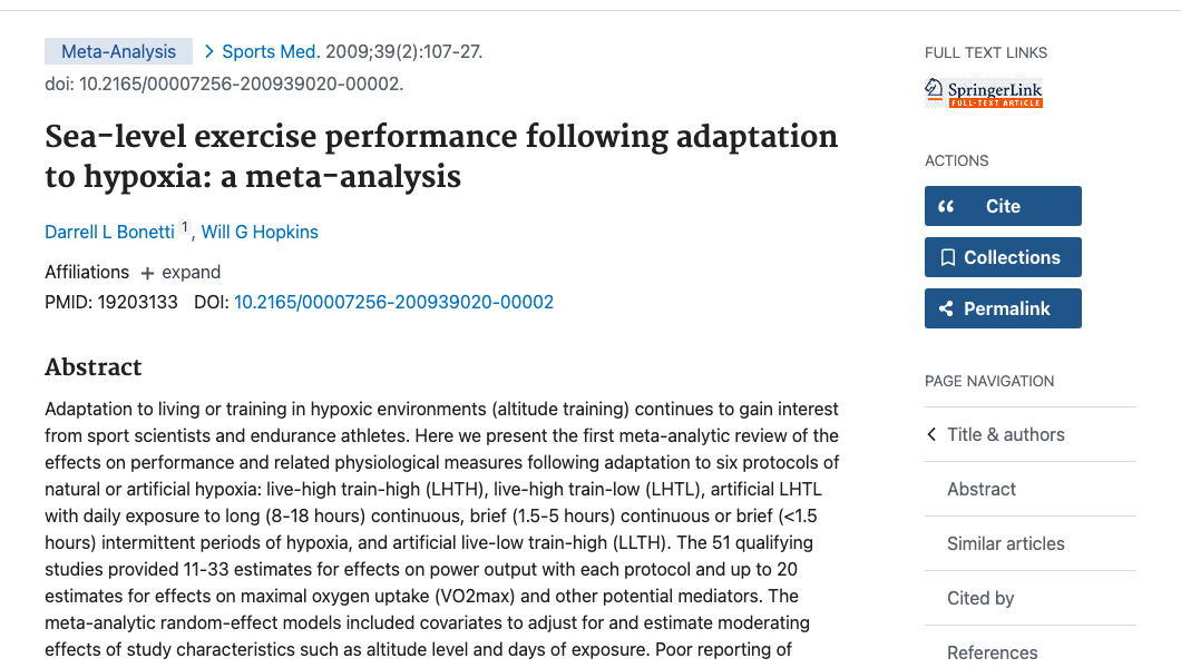 Title and abstract of Sea-level exercise performance following adaptation to hypoxia: a meta-analysis