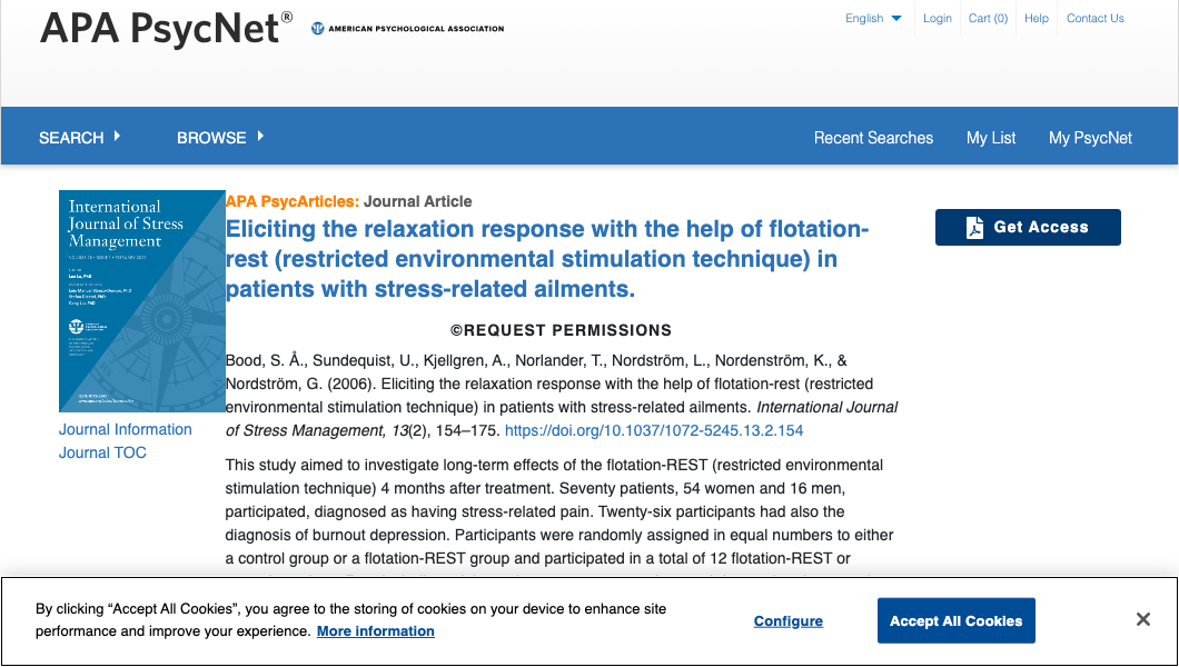 Title and abstract of Eliciting the relaxation response with the help of flotation-REST in patients with stress-related ailments