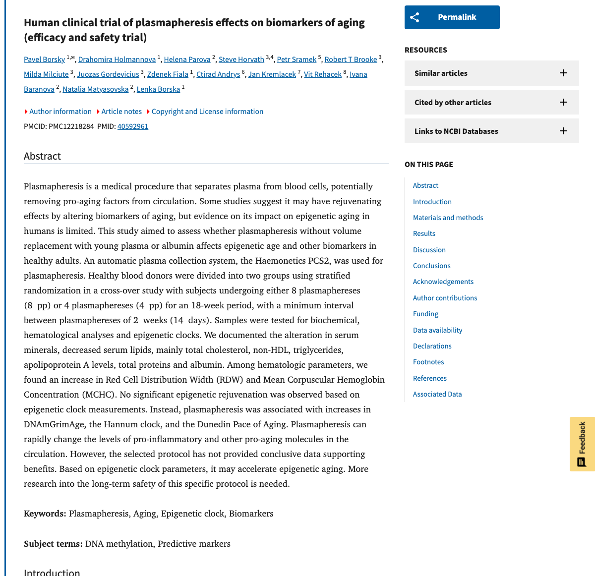Title and abstract of Human clinical trial of plasmapheresis effects on biomarkers of aging (efficacy and safety trial).