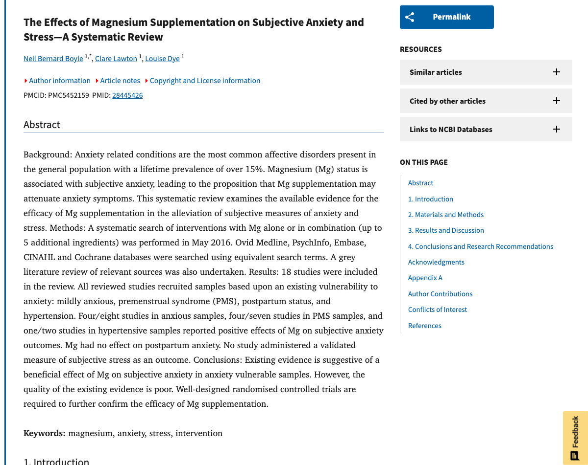 Title and abstract of The Effects of Magnesium Supplementation on Subjective Anxiety and Stress, A Systematic Review