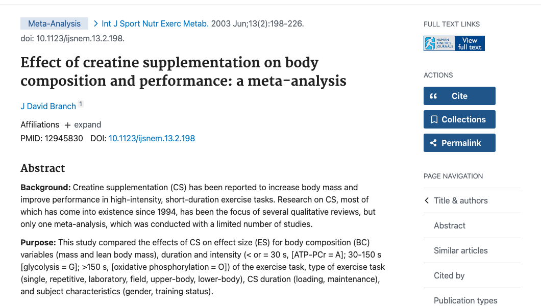 Title and abstract of Effect of creatine supplementation on body composition and performance