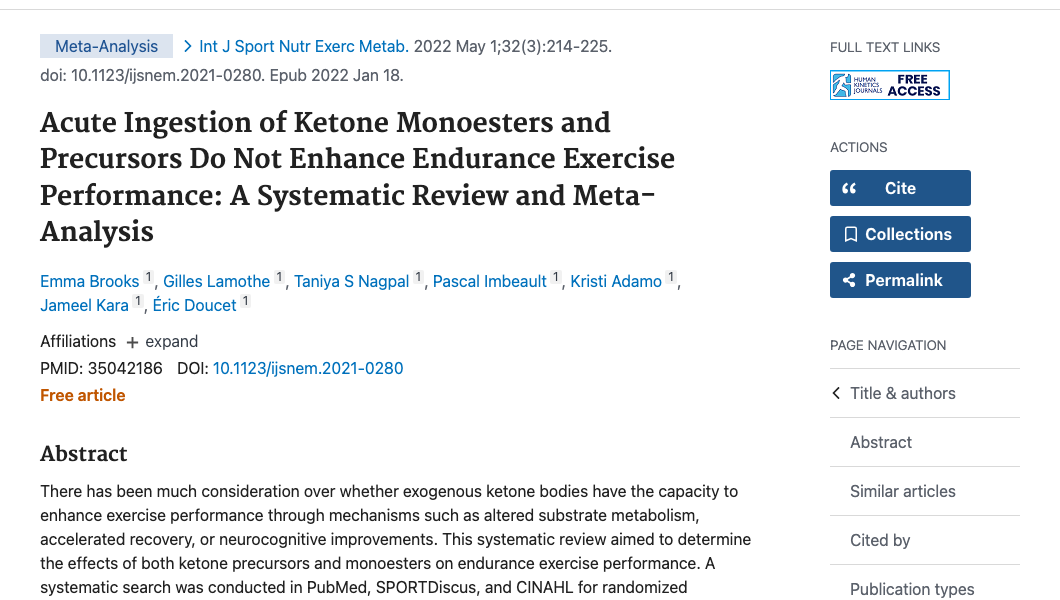 Title and abstract of Acute Ingestion of Ketone Monoesters and Precursors Do Not Enhance Endurance Exercise Performance