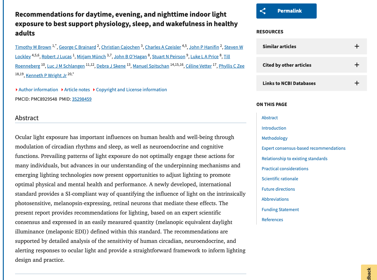 Title and abstract of Recommendations for daytime, evening, and nighttime indoor light exposure to best support physiology, sleep, and wakefulness in healthy adults.