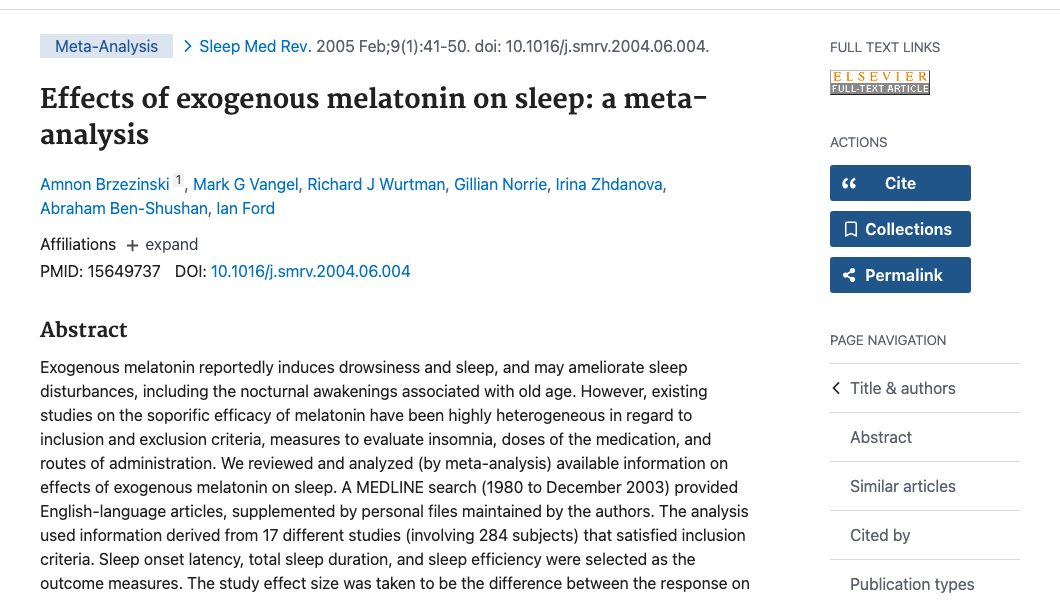 Title and abstract of Effects of exogenous melatonin on sleep: a meta-analysis