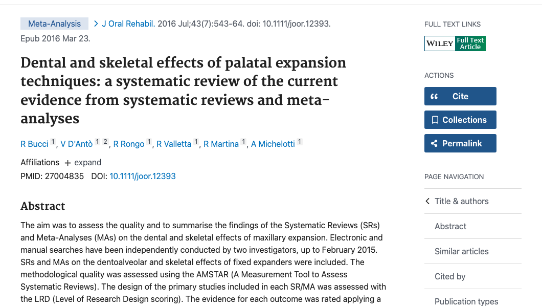 Title and abstract of Dental and skeletal effects of palatal expansion techniques: a systematic review of the current evidence from systematic reviews and meta-analyses