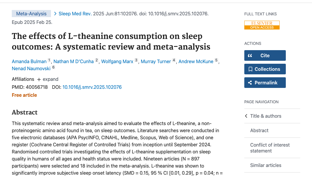Title and abstract of The effects of L-theanine consumption on sleep outcomes: A systematic review and meta-analysis