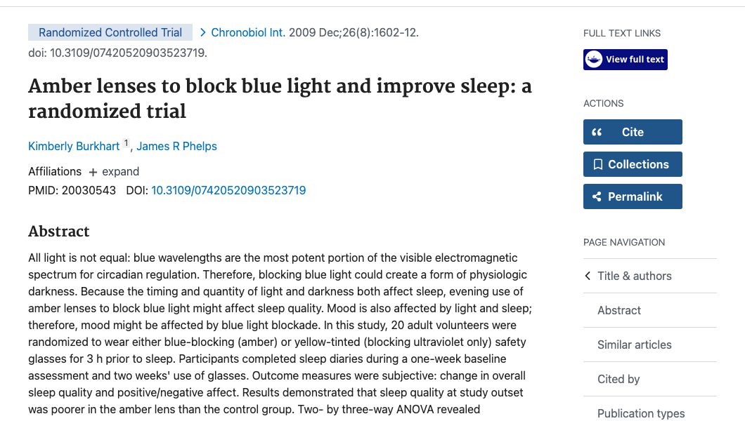 Title and abstract of Amber lenses to block blue light and improve sleep: a randomized trial