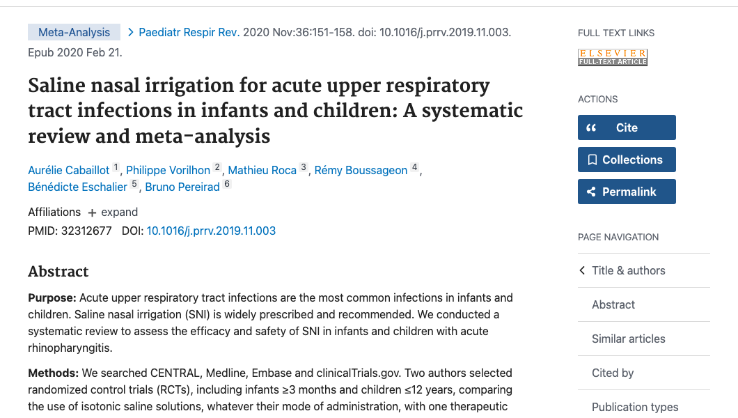 Title and abstract of Saline nasal irrigation for acute upper respiratory tract infections in infants and children: A systematic review and meta-analysis.