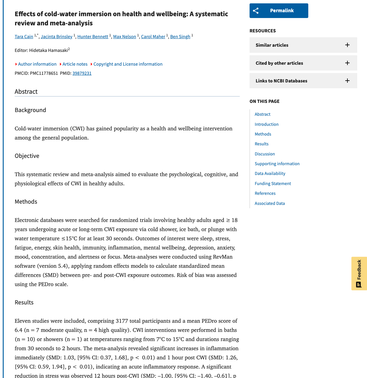Title and abstract of Effects of cold-water immersion on health and wellbeing: A systematic review and meta-analysis.