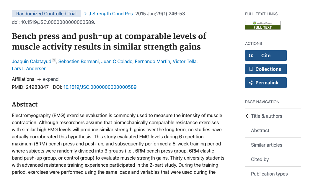 Title and abstract of Bench press and push-up at comparable levels of muscle activity results in similar strength gains