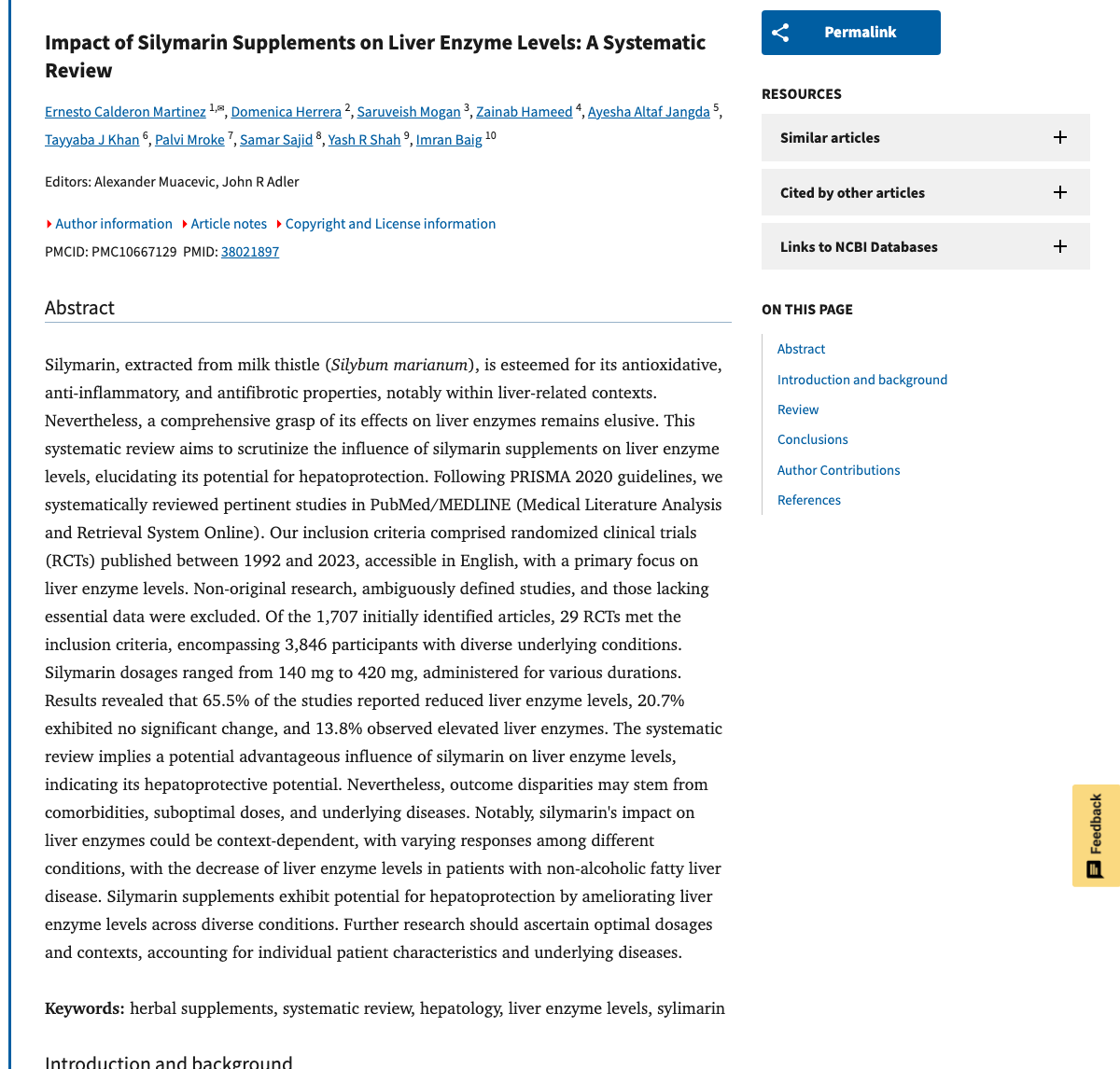 Title and abstract of Impact of Silymarin Supplements on Liver Enzyme Levels: A Systematic Review.