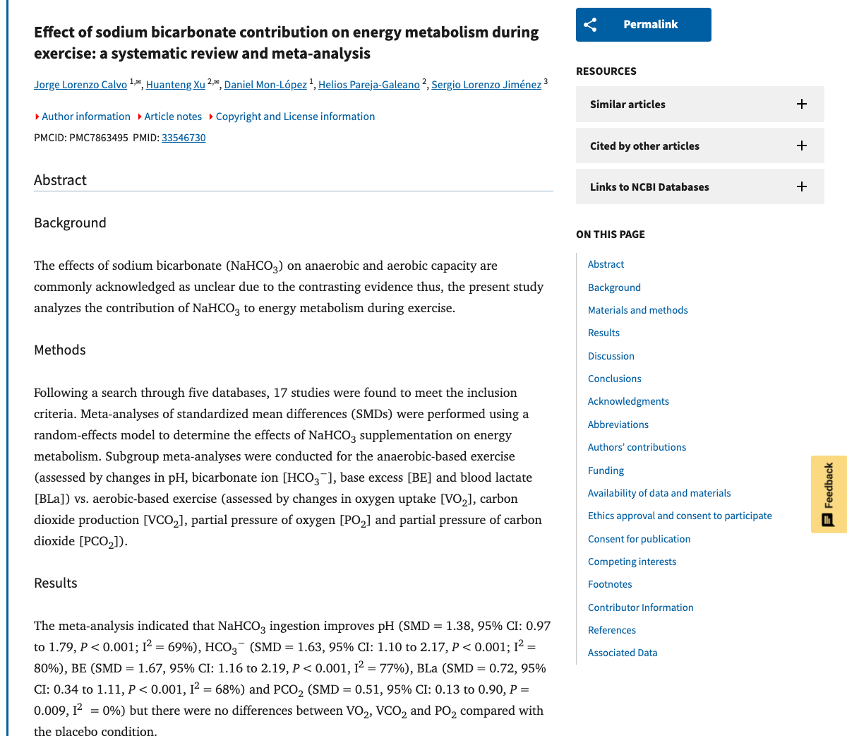 Title and abstract of Effect of sodium bicarbonate contribution on energy metabolism during exercise: a systematic review and meta-analysis.