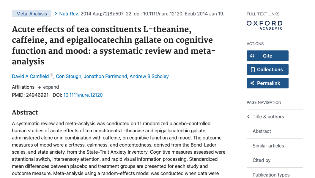 Title and abstract of Acute effects of tea constituents L-theanine, caffeine, and epigallocatechin gallate on cognitive function and mood: a systematic review and meta-analysis