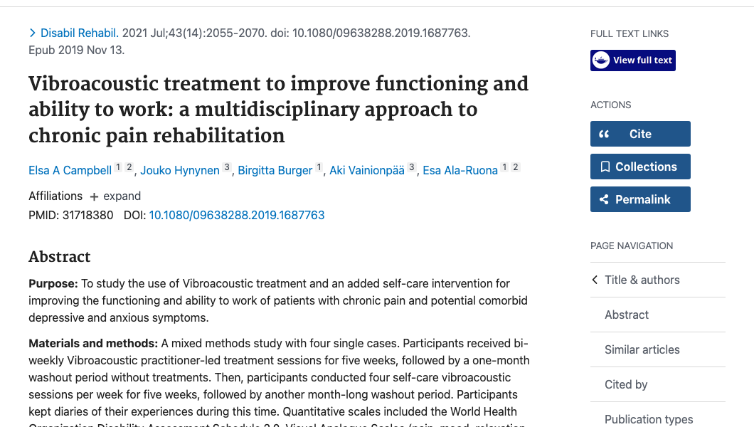 Title and abstract of Vibroacoustic treatment to improve functioning and ability to work: a multidisciplinary approach to chronic pain rehabilitation.