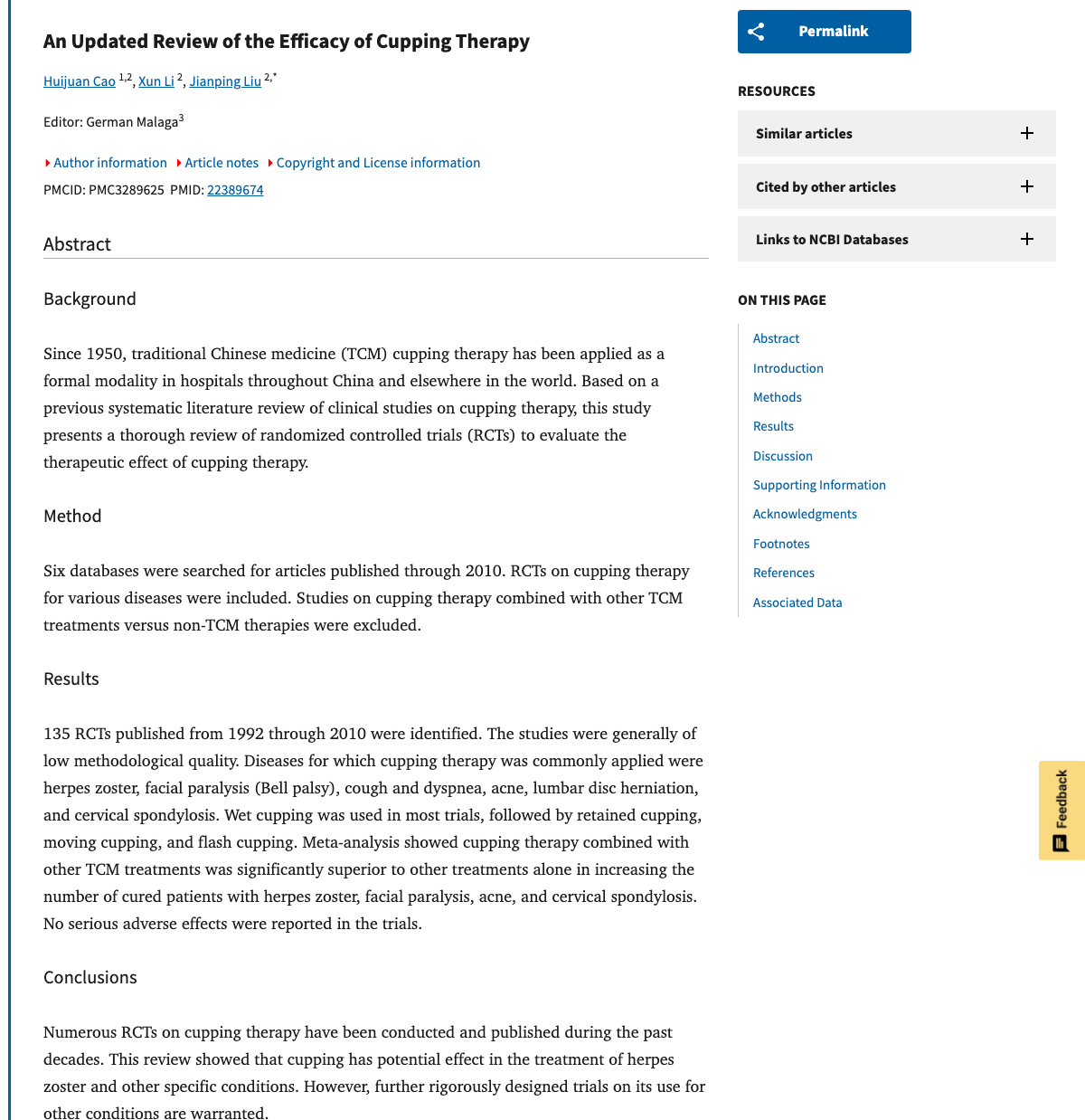 Title and abstract of An updated review of the efficacy of cupping therapy