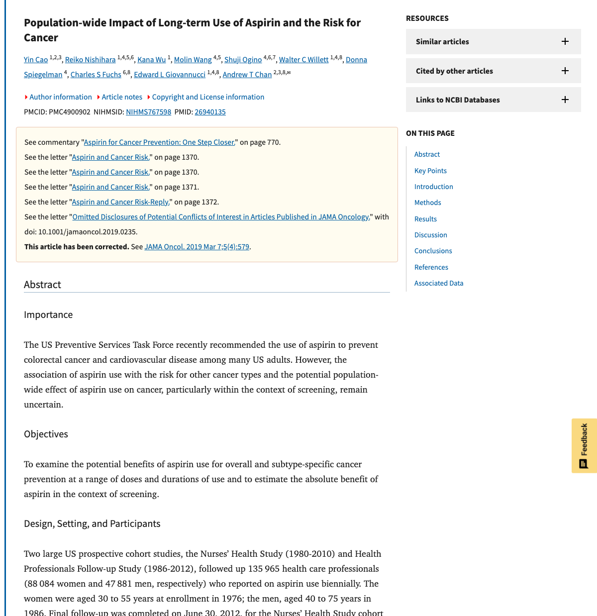 Title and abstract of Population-wide Impact of Long-term Use of Aspirin and the Risk for Cancer