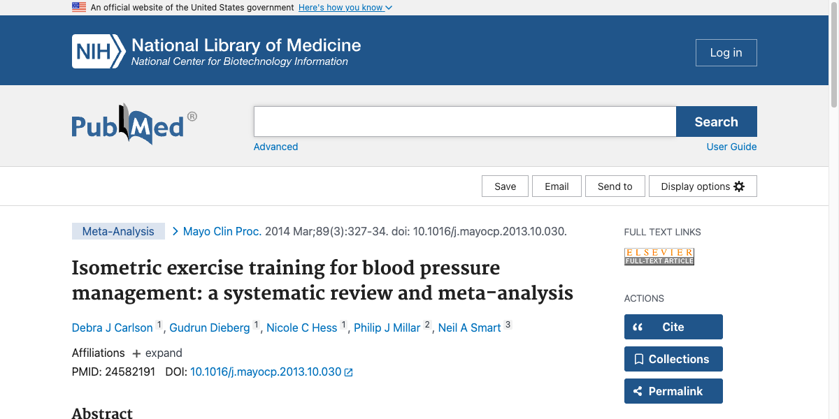 Title and abstract of Isometric exercise training for blood pressure management: a systematic review and meta-analysis.