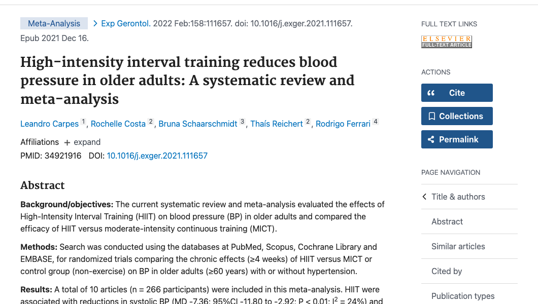 Title and abstract of High-intensity interval training reduces blood pressure in older adults: A systematic review and meta-analysis.