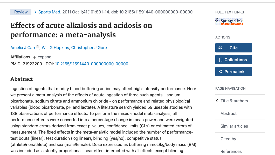 Title and abstract of Effects of acute alkalosis and acidosis on performance: a meta-analysis