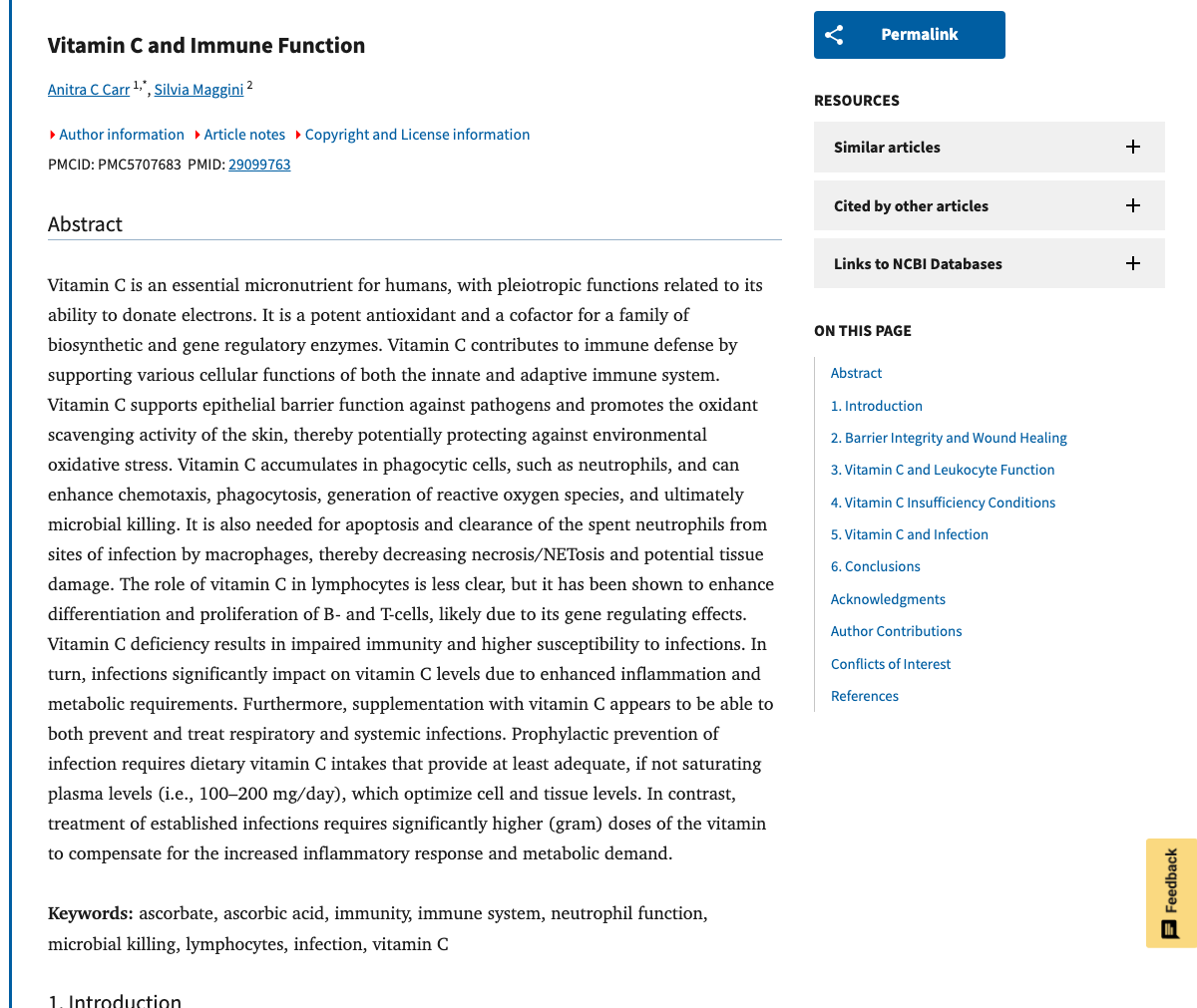Title and abstract of Vitamin C and immune function