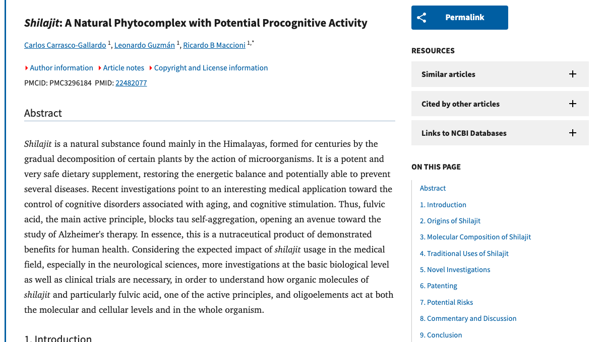 Title and abstract of Shilajit - A natural phytocomplex with potential procognitive activity