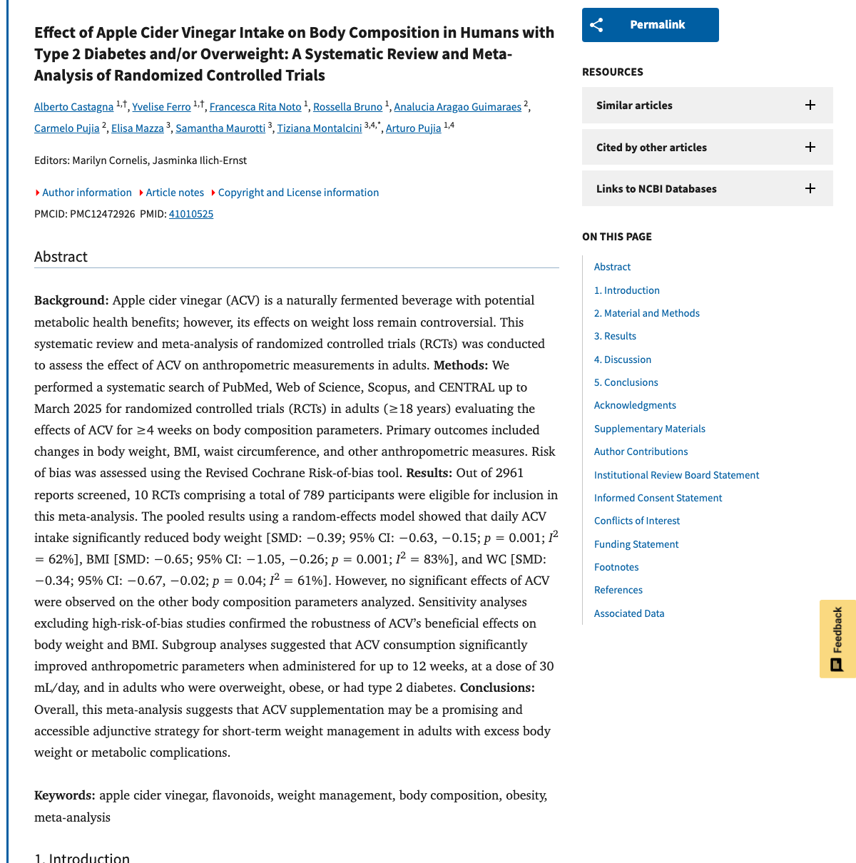 Title and abstract of Effect of Apple Cider Vinegar Intake on Body Composition in Humans with Type 2 Diabetes and/or Overweight: A Systematic Review and Meta-Analysis of Randomized Controlled Trials.
