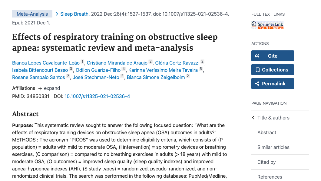 Title and abstract of Effects of respiratory training on obstructive sleep apnea: systematic review and meta-analysis.