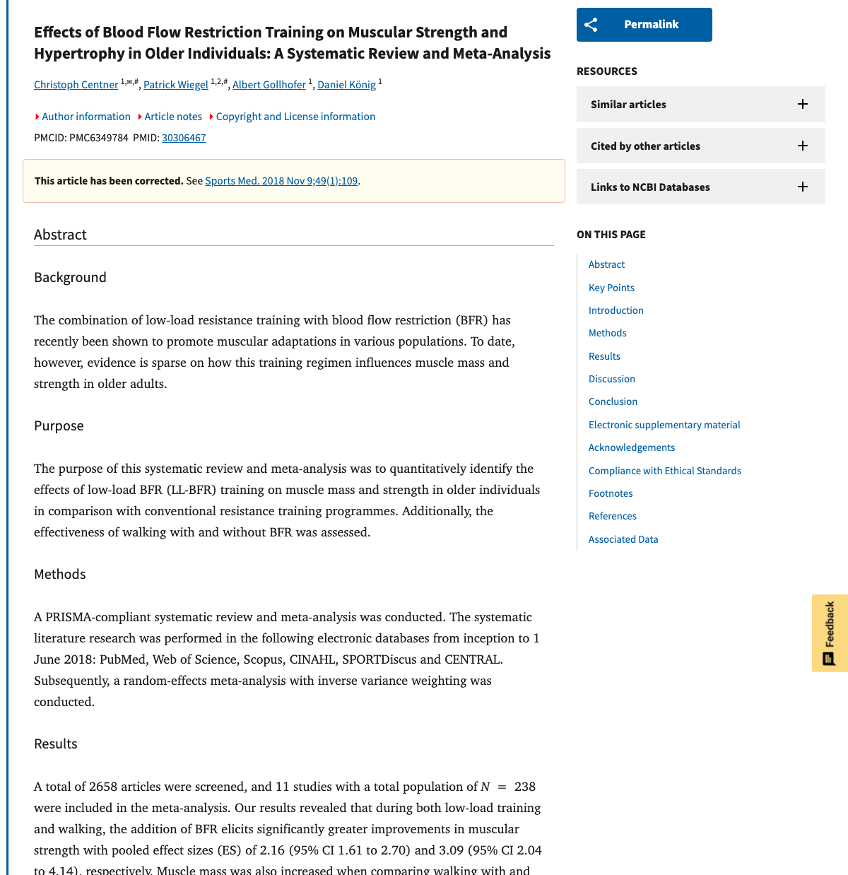 Title and abstract of Effects of Blood Flow Restriction Training on Muscular Strength and Hypertrophy in Older Individuals: A Systematic Review and Meta-Analysis