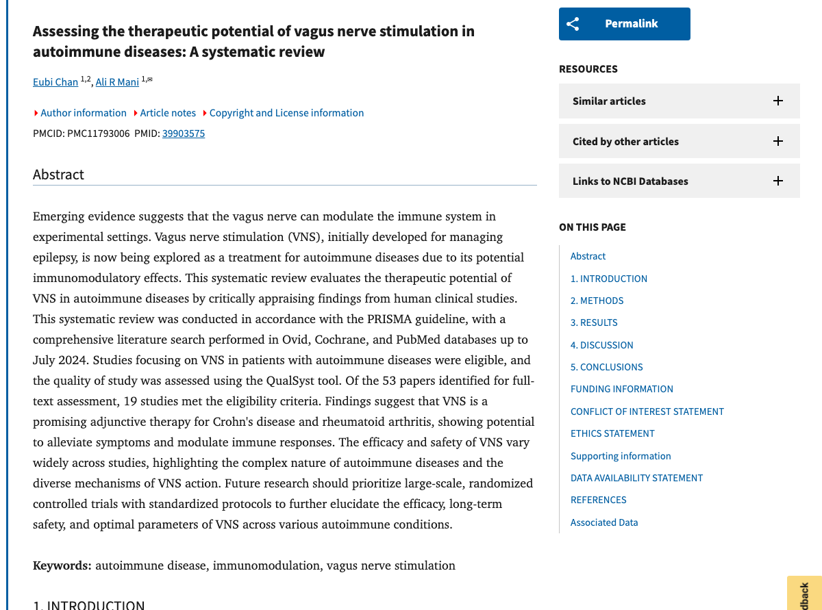 Title and abstract of Assessing the therapeutic potential of vagus nerve stimulation in autoimmune diseases: A systematic review.