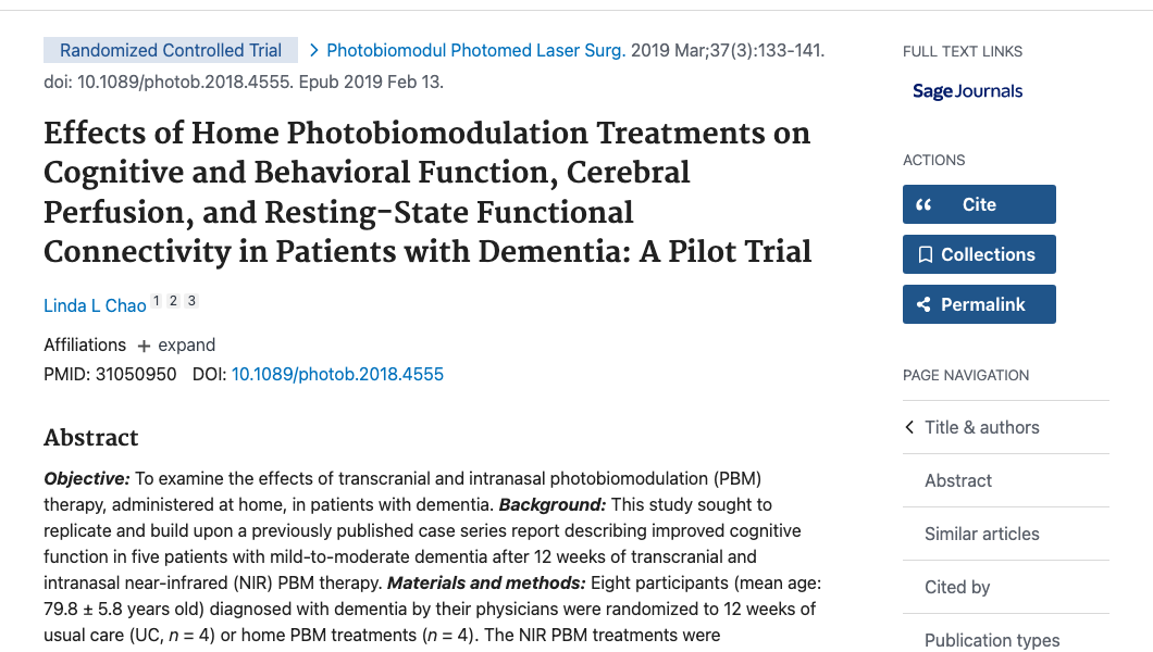 Title and abstract of Effects of Home Photobiomodulation Treatments on Cognitive and Behavioral Function, Cerebral Perfusion, and Resting-State Functional Connectivity in Patients with Dementia: A Pilot Trial.