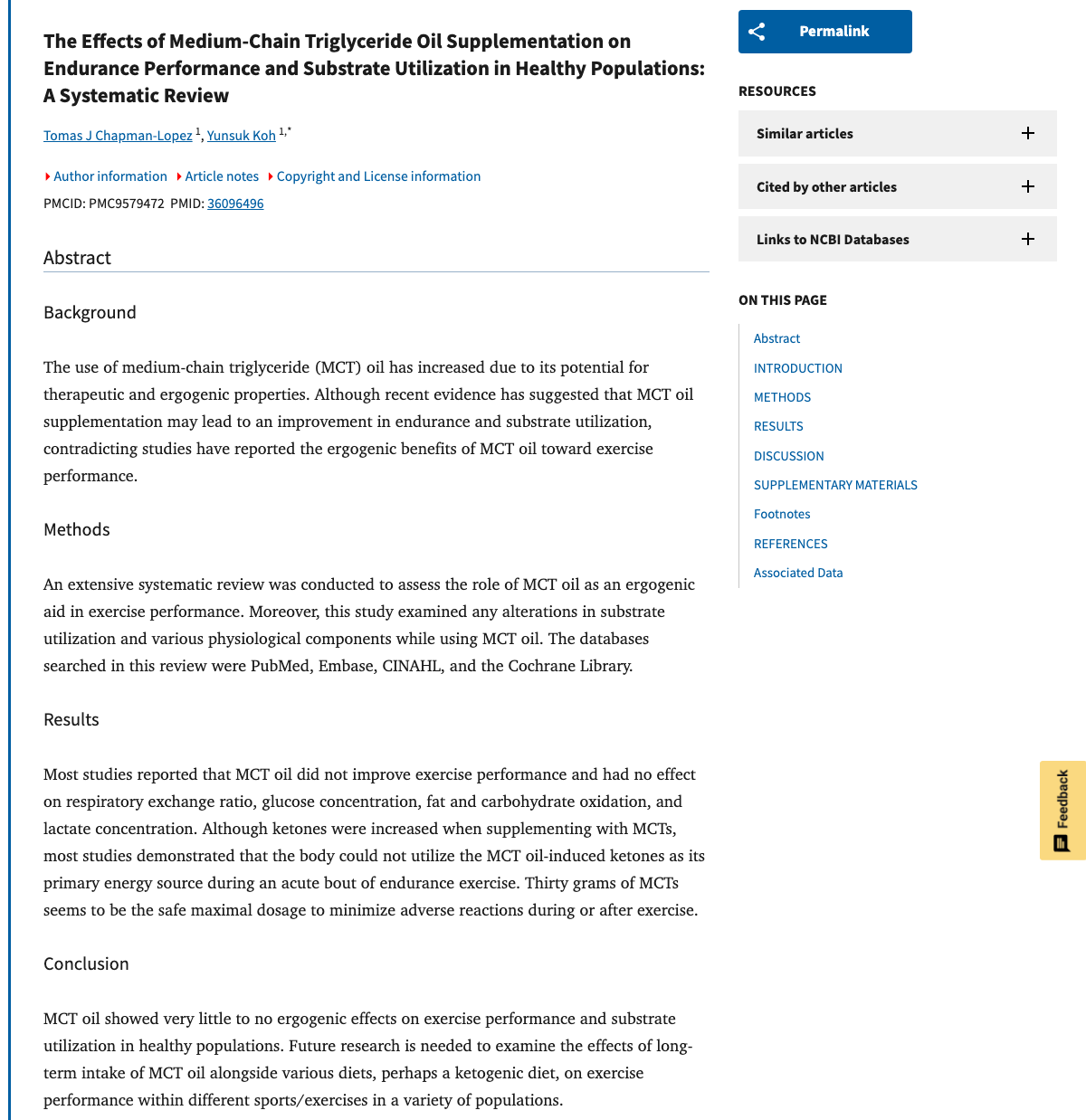 Title and abstract of The Effects of Medium-Chain Triglyceride Oil Supplementation on Endurance Performance and Substrate Utilization in Healthy Populations: A Systematic Review.
