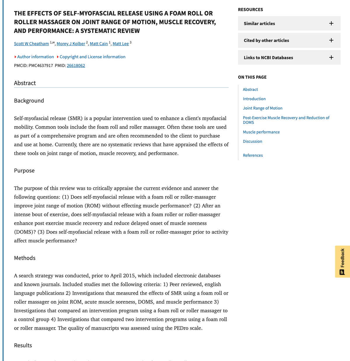 Title and abstract of The effects of self-myofascial release using a foam roll or roller massager on joint range of motion, muscle recovery, and performance: a systematic review