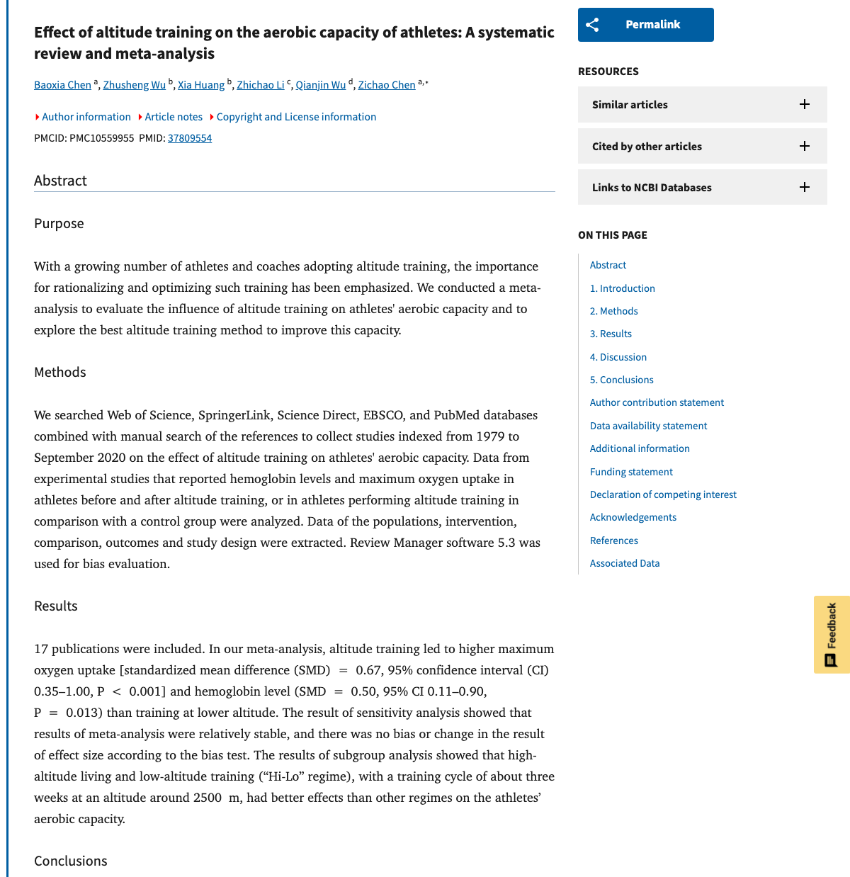 Title and abstract of Effect of altitude training on the aerobic capacity of athletes: A systematic review and meta-analysis.