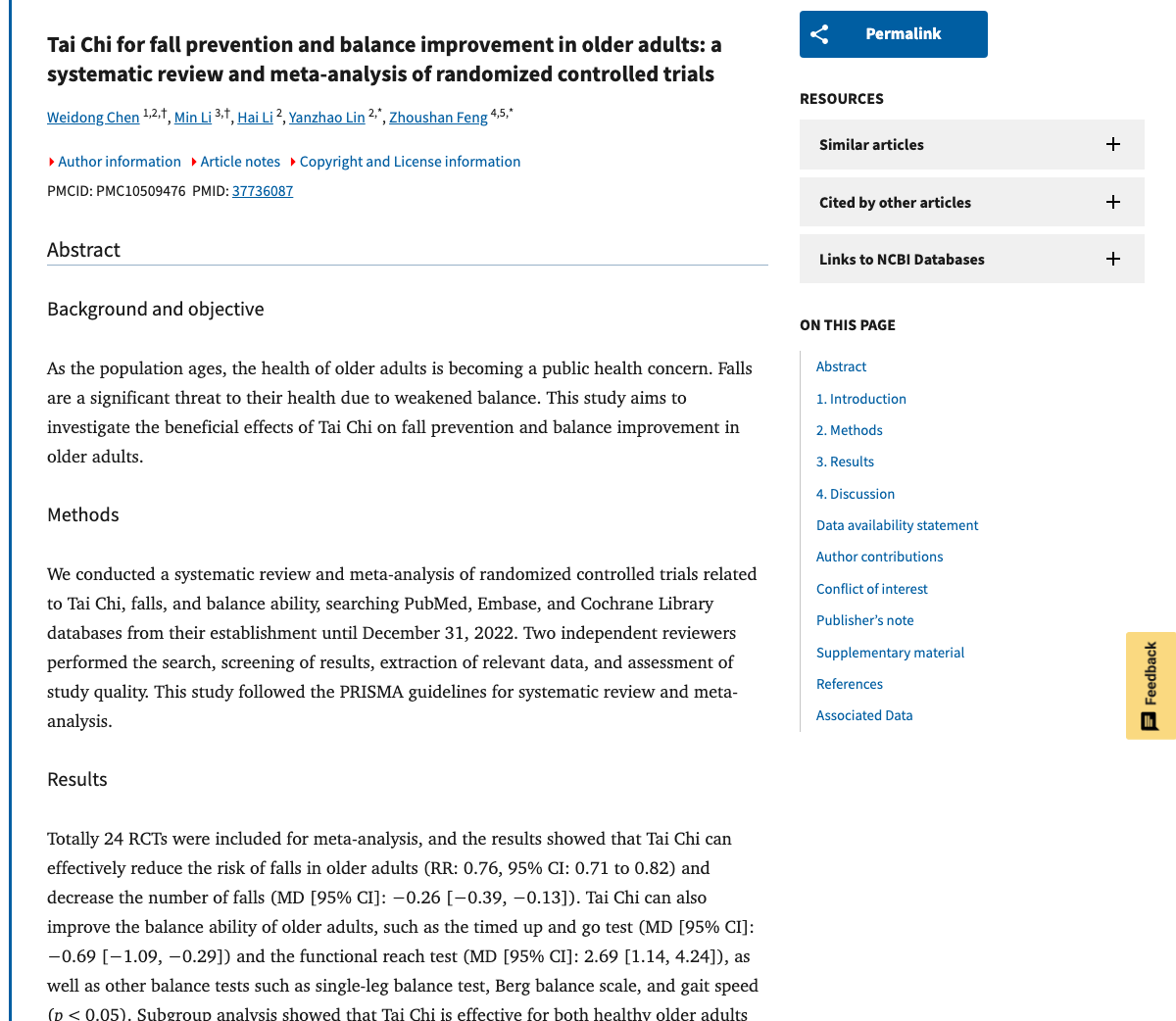 Title and abstract of Tai Chi for fall prevention and balance improvement in older adults: a systematic review and meta-analysis of randomized controlled trials.