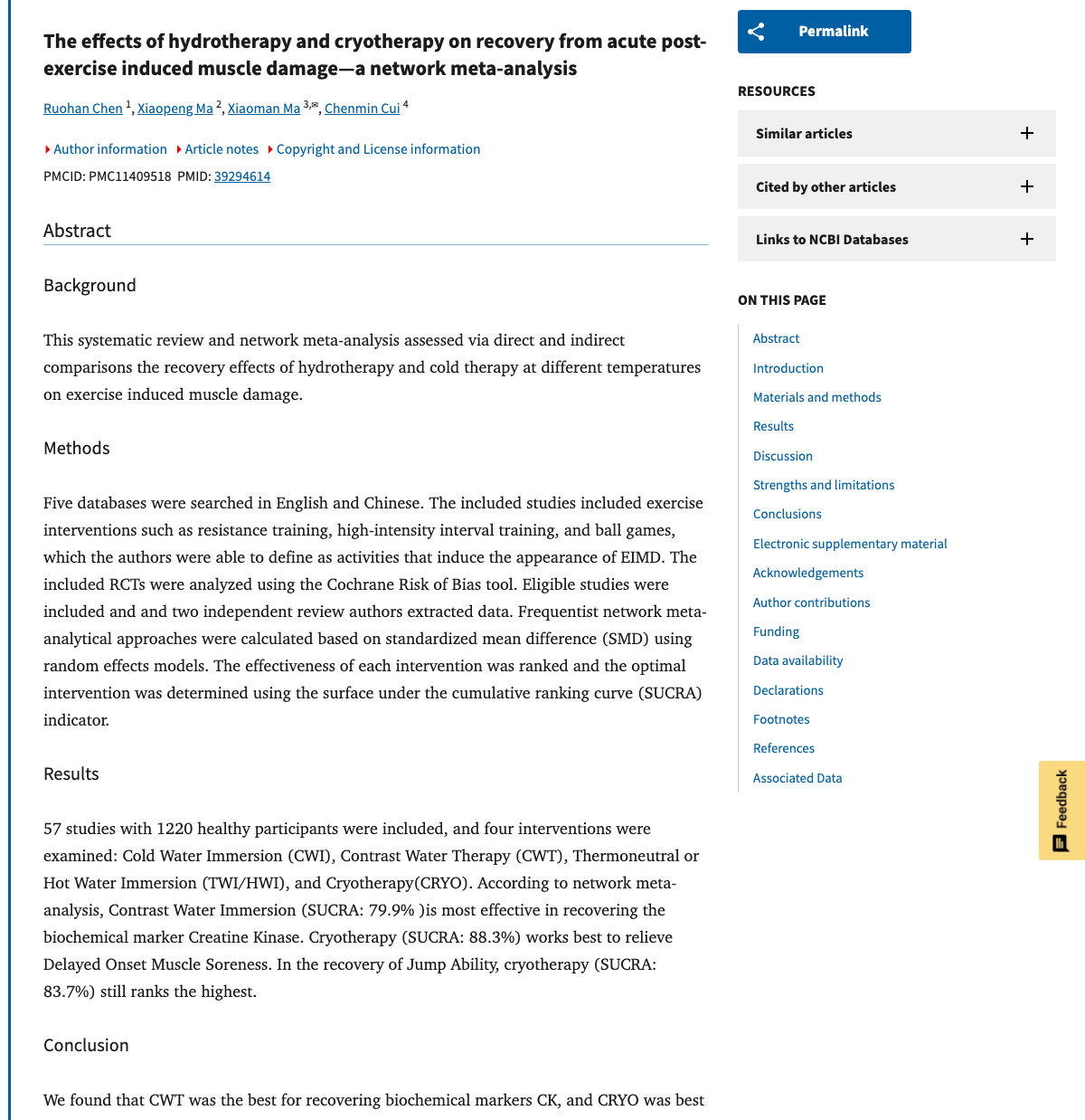Title and abstract of The effects of hydrotherapy and cryotherapy on recovery from acute post-exercise induced muscle damage-a network meta-analysis.