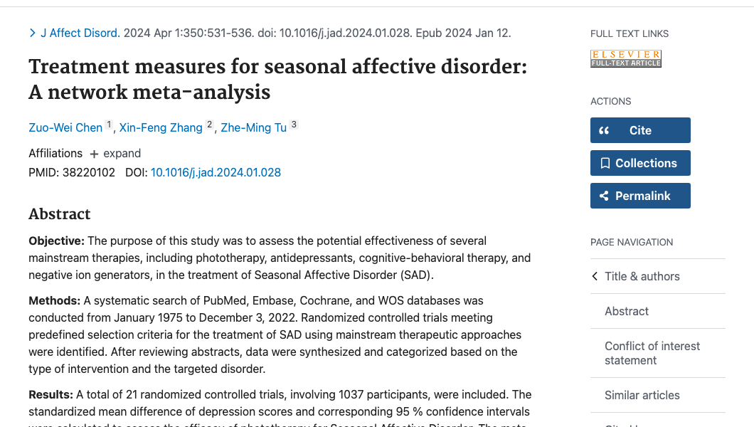 Title and abstract of Treatment measures for seasonal affective disorder: A network meta-analysis.