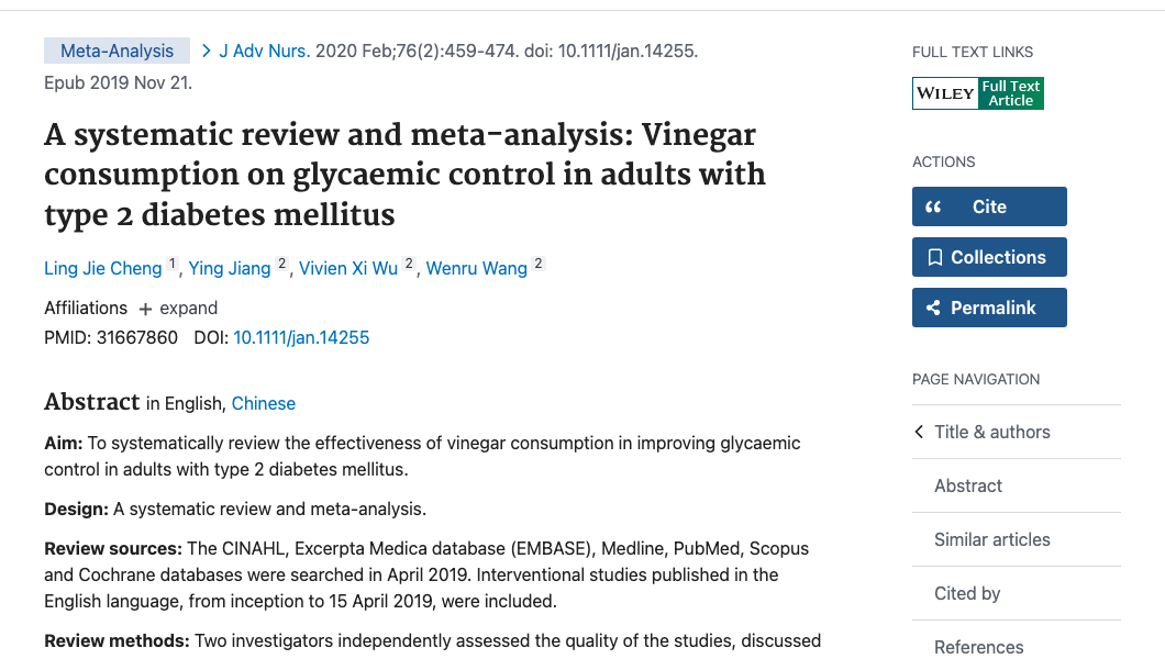 Title and abstract of A systematic review and meta-analysis: Vinegar consumption on glycaemic control in adults with type 2 diabetes mellitus