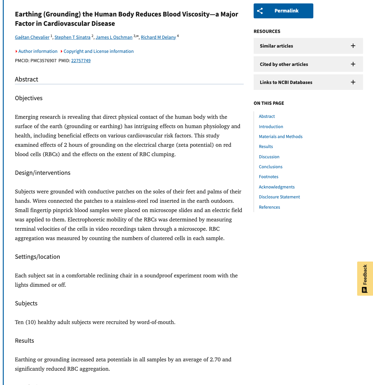 Title and abstract of Earthing (Grounding) the Human Body Reduces Blood Viscosity