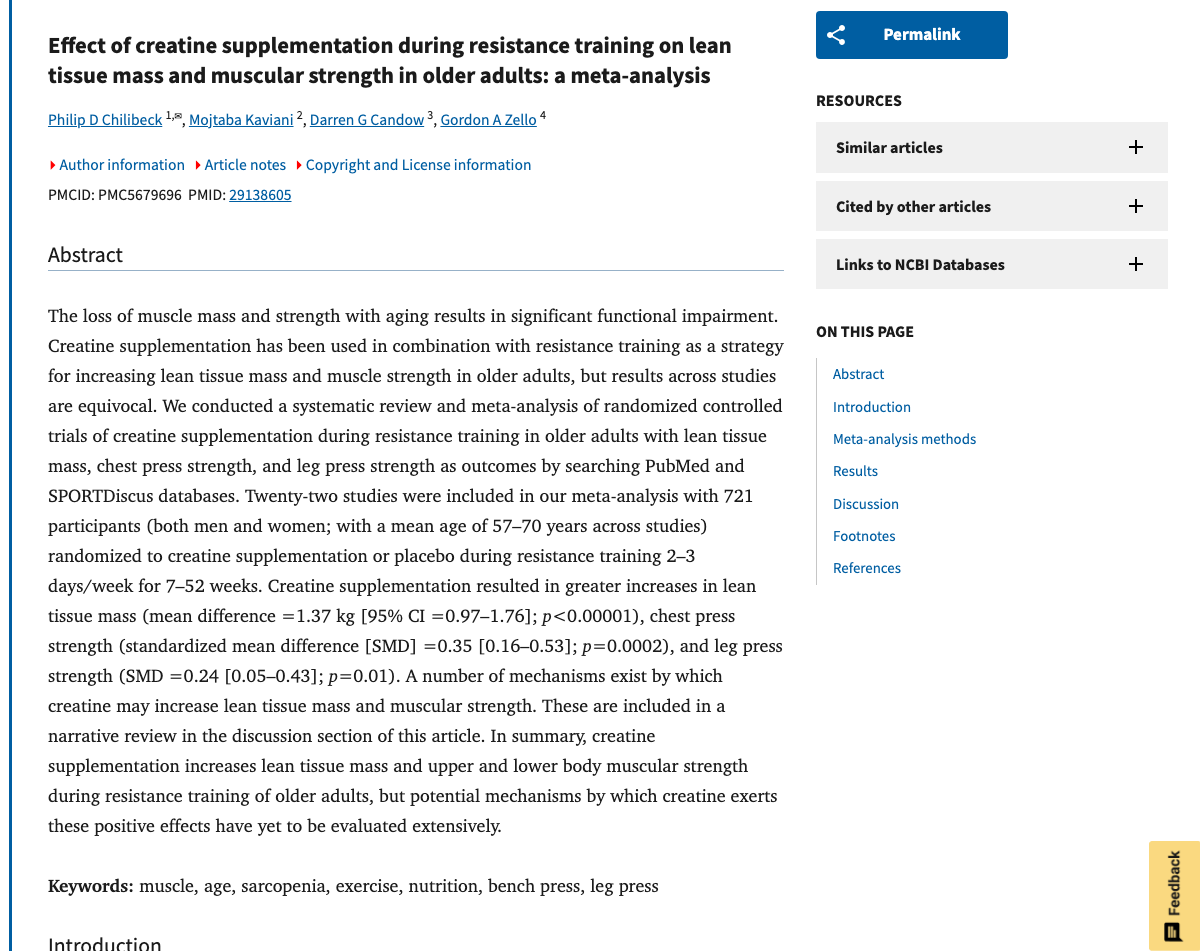 Title and abstract of Effect of creatine supplementation during resistance training on lean tissue mass and muscular strength in older adults: a meta-analysis