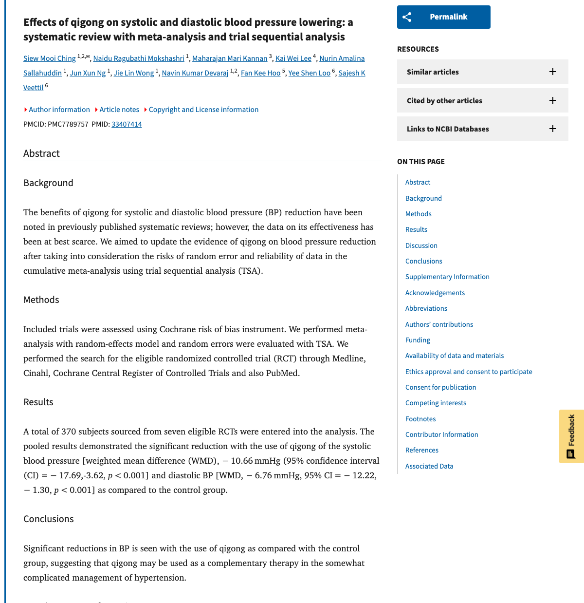 Title and abstract of Effects of qigong on systolic and diastolic blood pressure lowering: a systematic review with meta-analysis and trial sequential analysis.