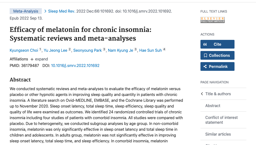 Title and abstract of Efficacy of melatonin for chronic insomnia: Systematic reviews and meta-analyses.