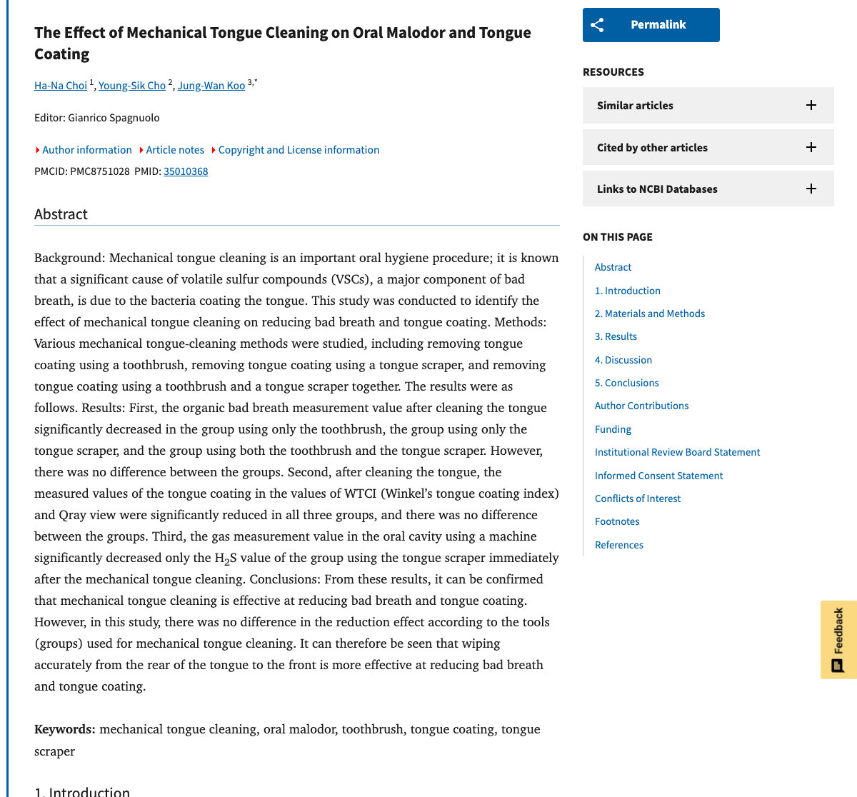 Title and abstract of The Effect of Mechanical Tongue Cleaning on Oral Malodor and Tongue Coating.