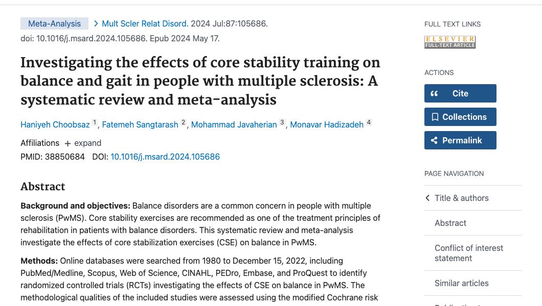 Title and abstract of Investigating the effects of core stability training on balance and gait in people with multiple sclerosis: A systematic review and meta-analysis.